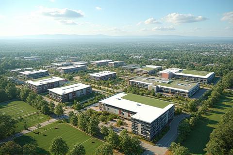 Vista aérea de un campus escolar sostenible