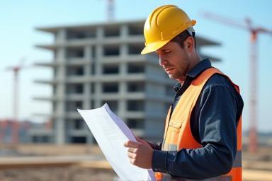 Sitio de construcción con arquitecto observando